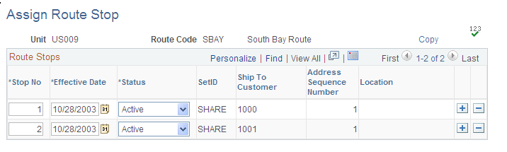 Assign Route Stop page