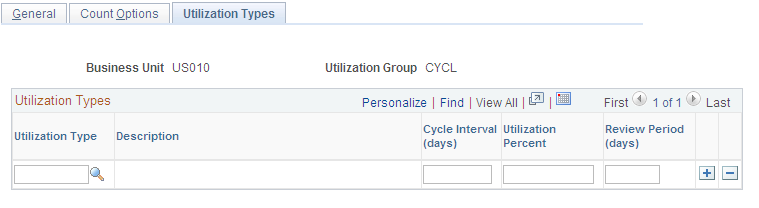 Setup Counting Event - Utilization Types page