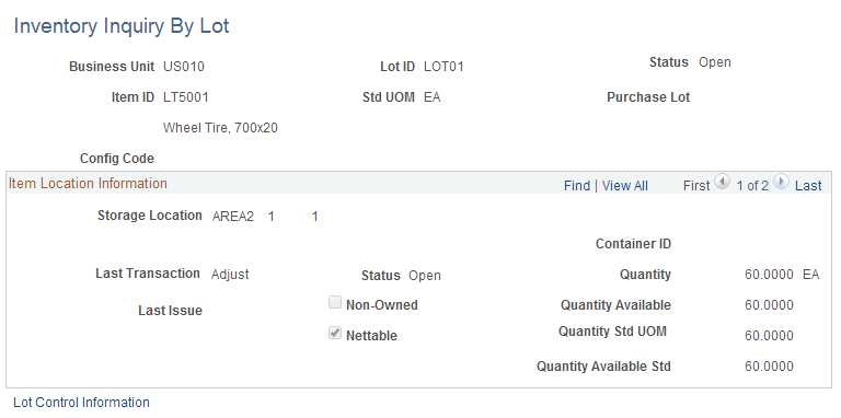 Inventory Inquiry by Lot page