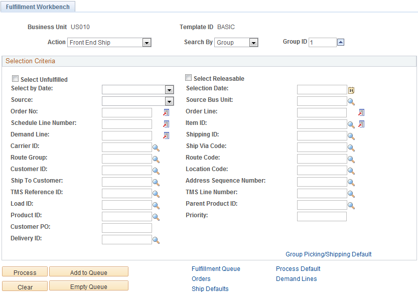 The Fulfillment Workbench(Front End Ship)page