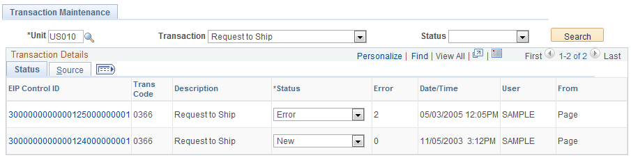Transaction Maintenance page