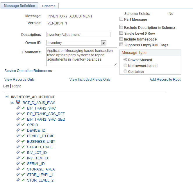 View the fields included in the message used by the INVENTORY_ADJUSTMENT service operation