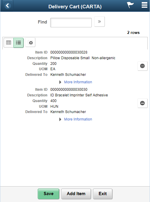 Delivery Cart - Fluid List View page