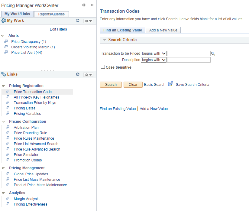 Pricing Manager WorkCenter - Links pagelet