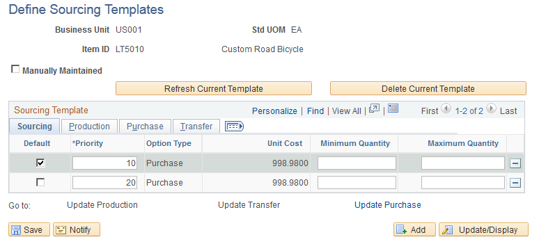 Define Sourcing Template page