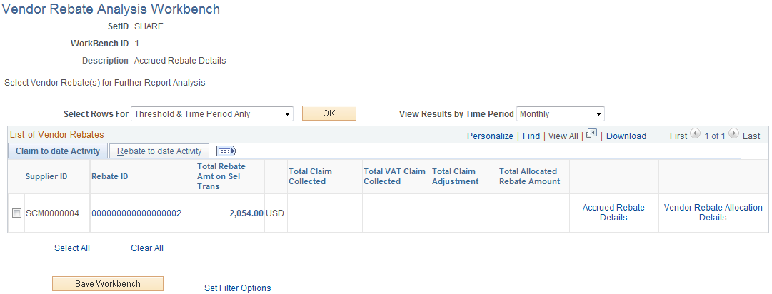 Vendor Rebate Analysis Workbench page
