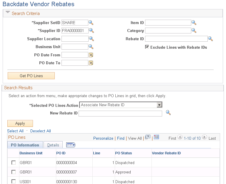Backdate Vendor Rebates page