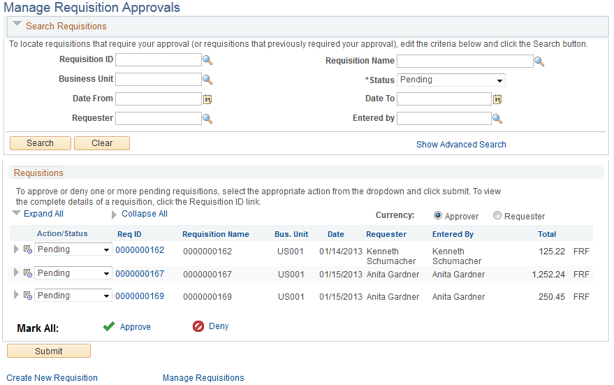 Manage Requisition Approvals page