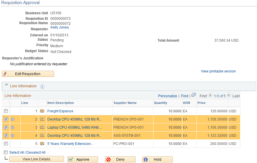 The Requisition Approval page (partial page)