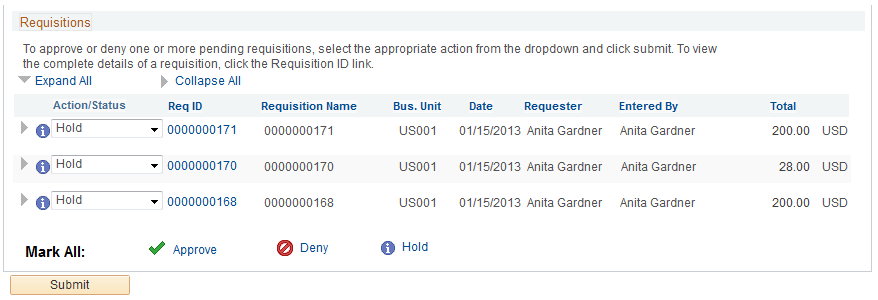 Manage Requisition Approvals page (partial page)