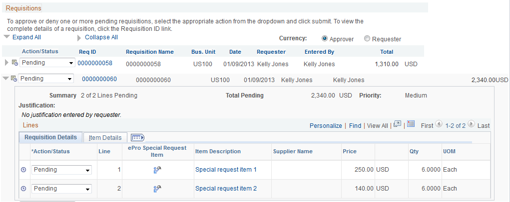 The Requisitions group box within the Manage Requisition Approvals page (partial page)