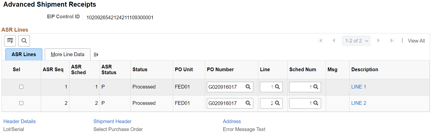 Advanced Shipment Receipts Page