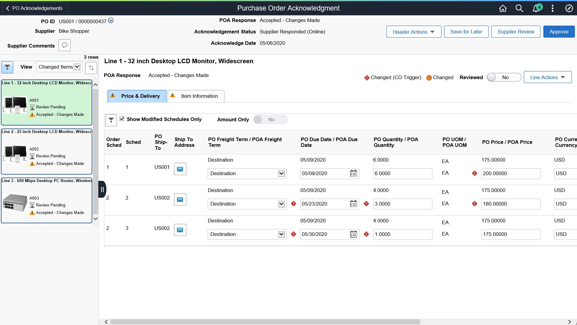 Purchase Order Acknowledgement Details page