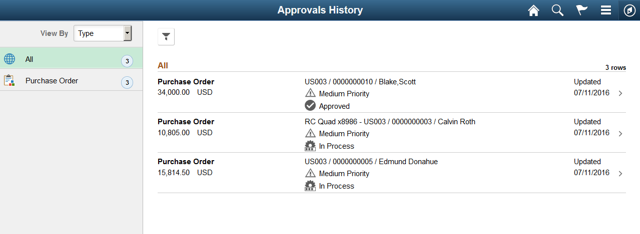 Approvals History - Purchase Order Page (List)