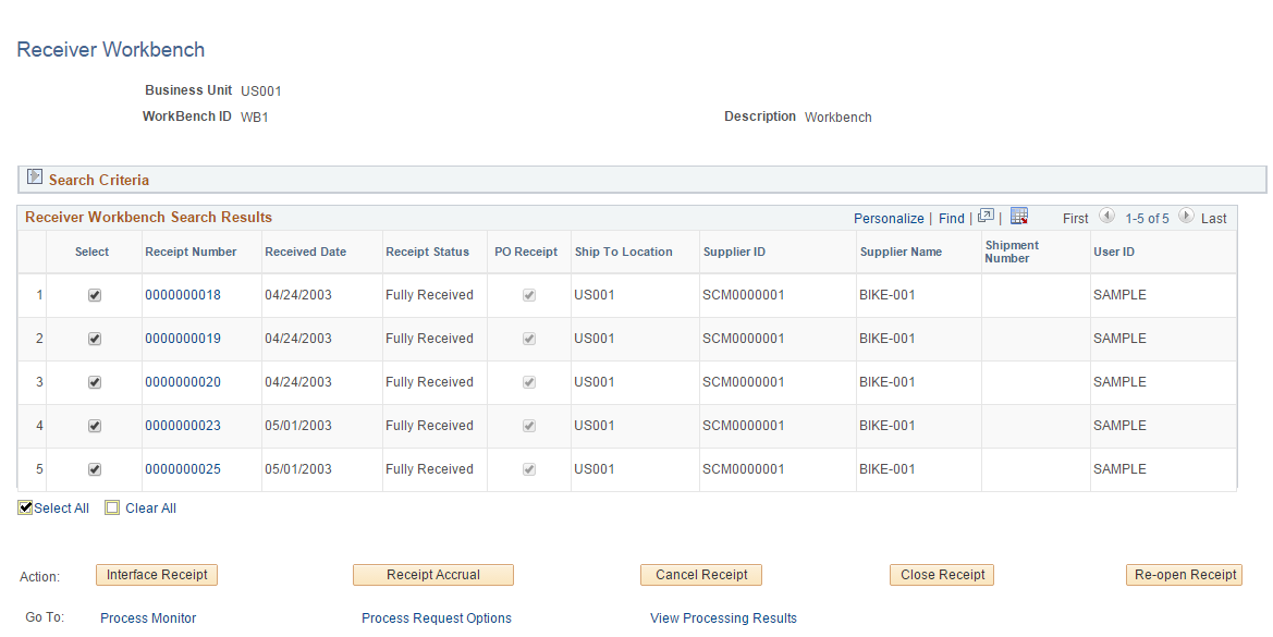 Receiver Workbench - Search page (2 of 2)
