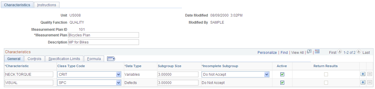 Measurement Plans - Characteristics page: General tab