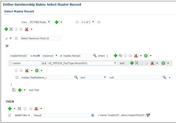 「マスター・レコードの設定」ルールを作成するためのIFおよびTHENルール条件値が指定された「生存ルールの定義: マスター・レコードの選択」ページ