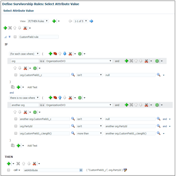 CustomField1_cカスタム属性の最小値を生存としてピックする「属性値の設定」ルールを作成するためのIFおよびTHENルール条件値が指定された「生存ルールの定義: 属性値の選択」ページ