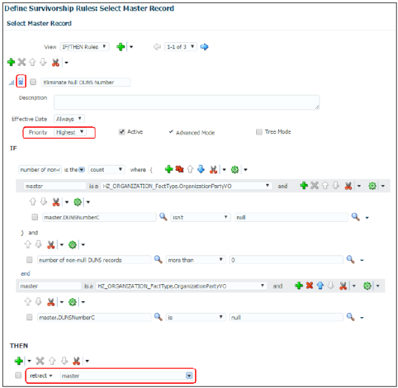 D-U-N-S番号を持つレコードをマスターとして設定するIFおよびTHENルール条件値が指定された「生存ルール: マスター・レコードの選択」ページ。