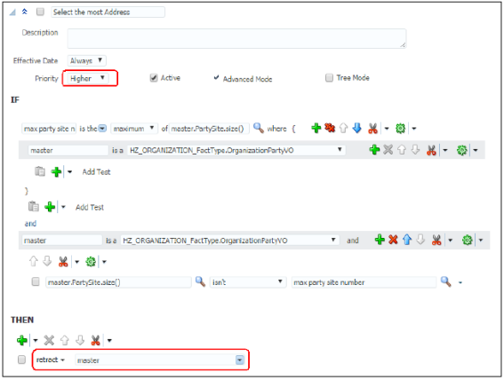 より多くのパーティ・サイトを持つレコードをマスターとして設定するIFおよびTHENルール条件値が指定された「生存ルール: マスター・レコードの選択」ページ。