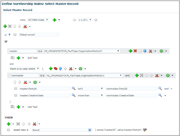 作成日が最も古いレコードをマスターとして設定するための入力が完了した「生存ルールの定義: マスター・レコードの選択」ページ。