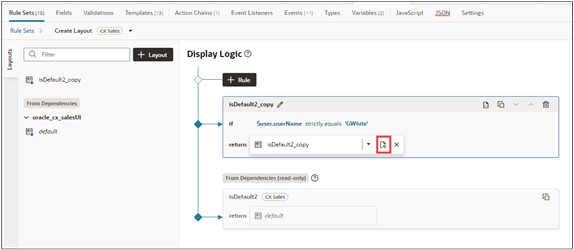 「表示ロジック」ページの「開く」ボタンが強調表示されたVisual Builder Studioページ・デザイナのスクリーンショット。