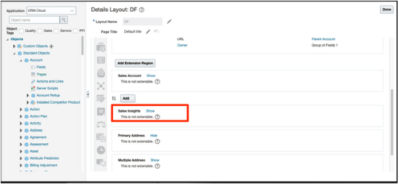 アプリケーション・コンポーザの「営業インサイト」リージョンのスクリーンショット (「表示」リンクが強調表示されている)