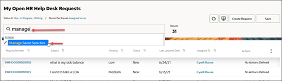 リスト・ページの保存済検索の管理リンクを示す図。