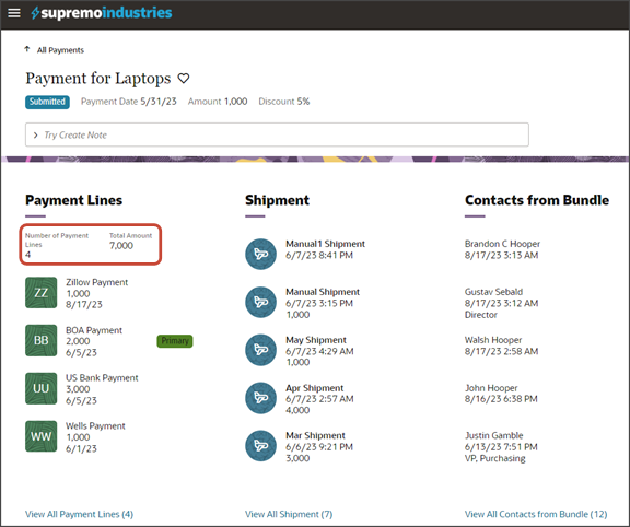 このスクリーンショットは、支払の「支払明細」パネルに表示されるロールアップを示しています。