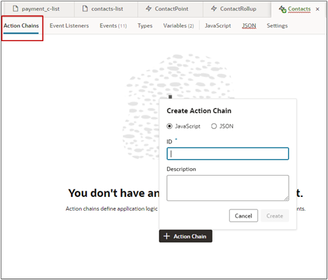 「アクション・チェーンの作成」ウィンドウを開いた状態で「アクション・チェーン」タブが選択されています
