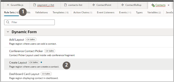 「レイアウトの作成」動的フォームを強調表示した「ルール」「セット」タブ
