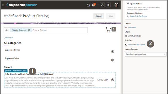 Visual Builder Studioページ・デザイナのスクリーンショットで、「最近」見出しの下にある選択した製品および対応するレイアウト・ルール・セットが強調表示されています。