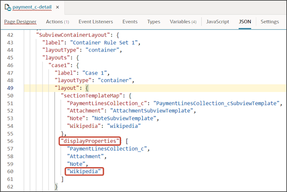 このスクリーンショットは、サブビューの表示プロパティの場所を示しています。