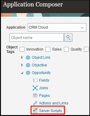 アプリケーション・コンポーザの商談オブジェクトからのサーバー・スクリプト機能のロケーションの概要を示すスクリーンショット