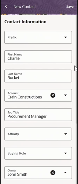 Oracle sales for Outlookアドインからの「新規担当者」パネルのサンプル・スクリーンショット