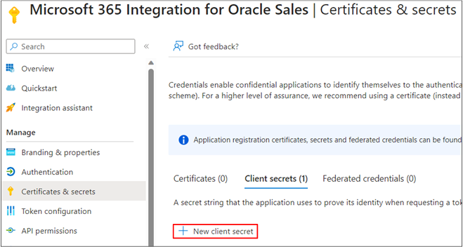 選択内容と「New client secret」ボタンが強調 表示された「Certificates & Secrets」ページ。