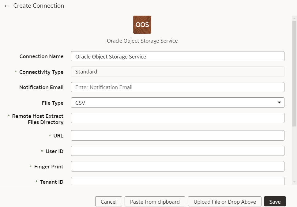 「Oracle Object Storageサービスの接続の作成」ダイアログ 「Oracle Object Storageサービスの接続の作成」ダイアログ