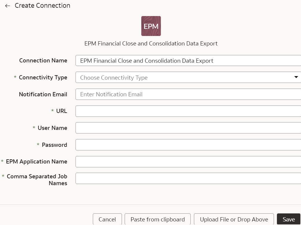 EPM Financial Closeおよび「連結データ・エクスポート接続の作成」ダイアログ EPM Financial Closeおよび「連結データ・エクスポート接続の作成」ダイアログ