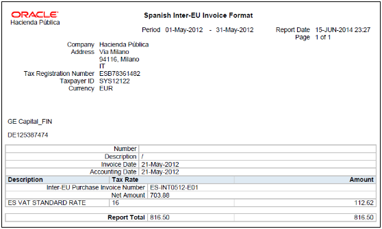 スペイン用VAT欧州連合内請求書フォーマット