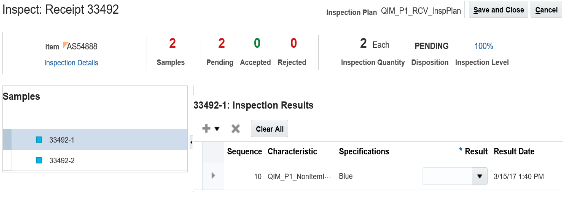 「検査」ページのレイアウトおよびフィールド
