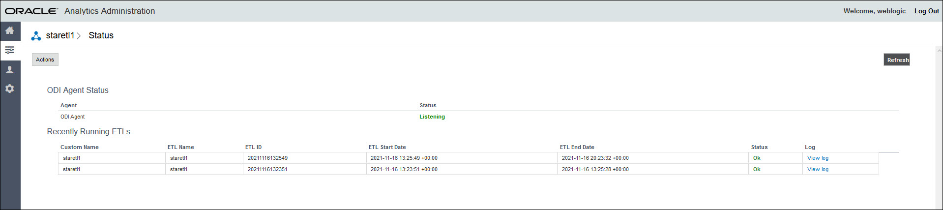 Status Page of CIC Administration Application for a Primavera Cloud Data Source