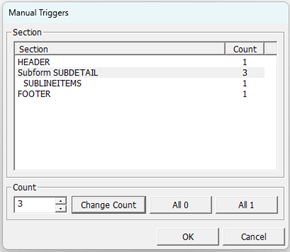 Manual Triggers dialog with the count for the subform SubDetail to 3