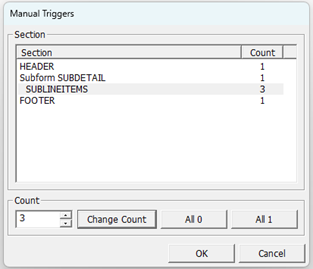 Manual Triggers dialog with SubLineItems to a count of 3 and leave the subform count as 1