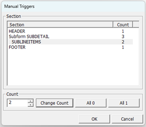 Manual Triggers dialog with subform count to 3 again and also change the SubLineItems section to have a count of 2