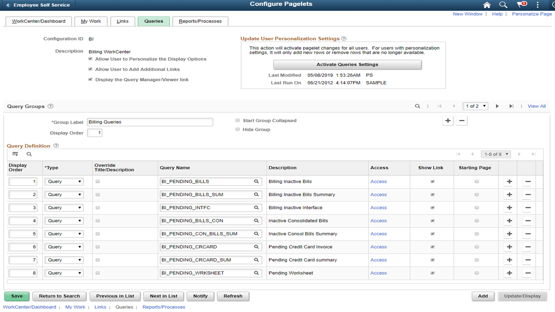 Configure Pagelets - Queries page