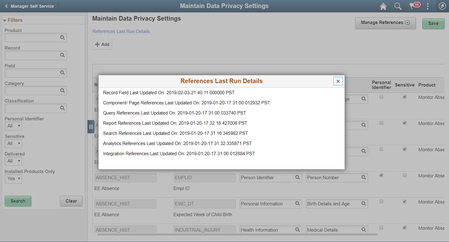 References Last Run Details page