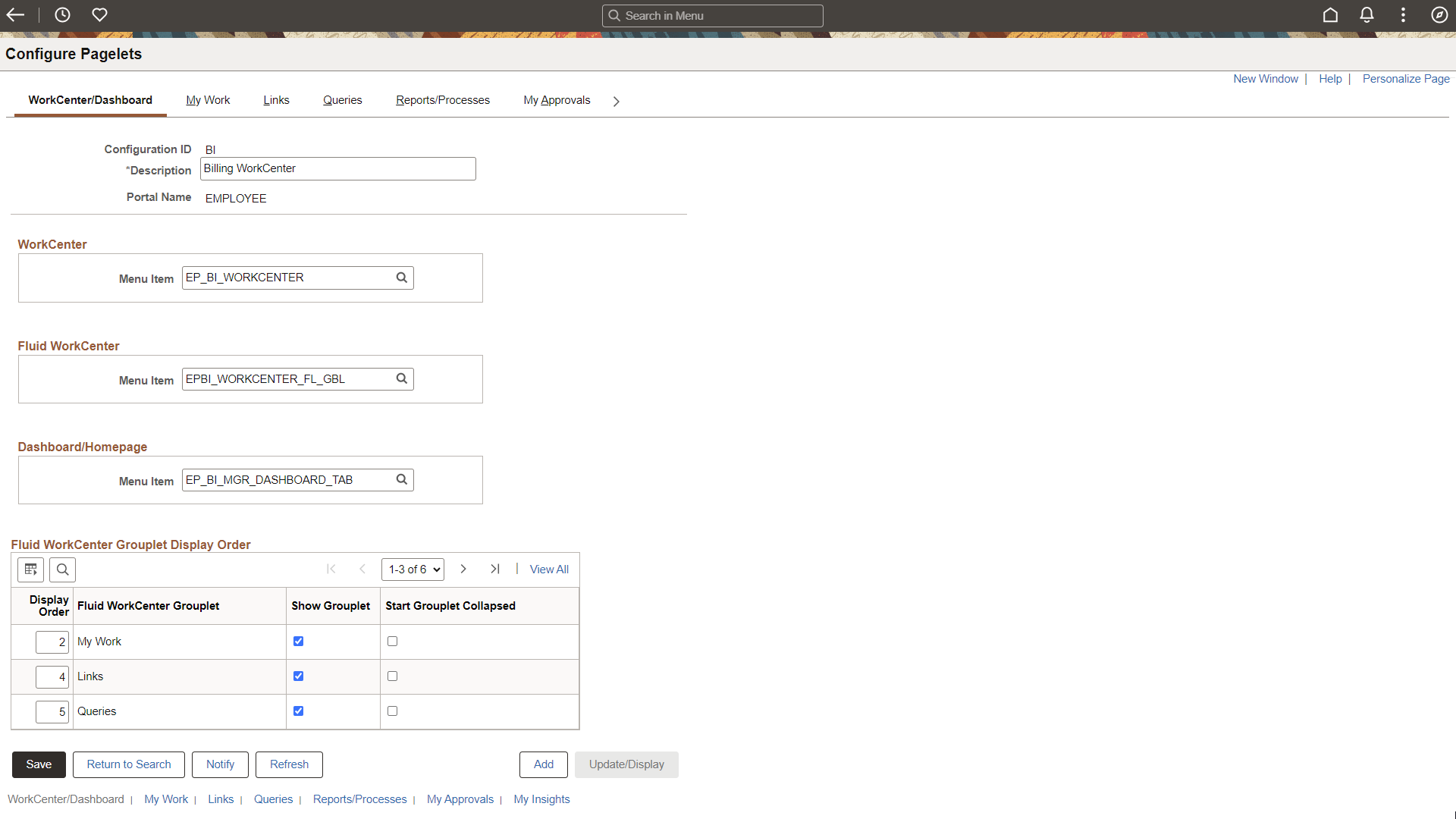 Configure Pagelets: WorkCenter/Dashboard Page