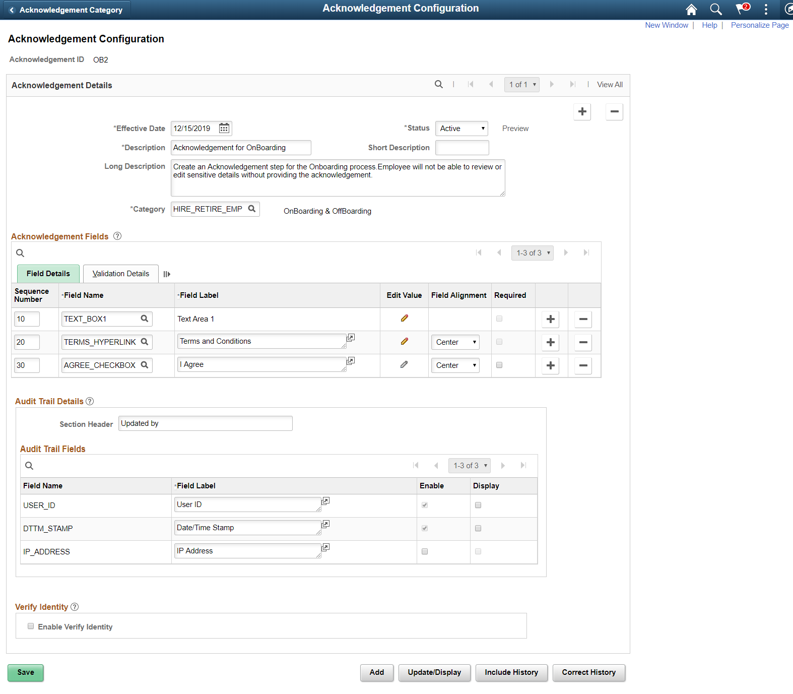 Acknowledgement Configuration page.