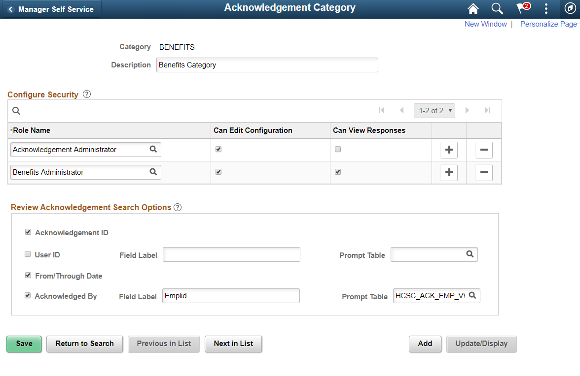 Acknowledgement Category page.