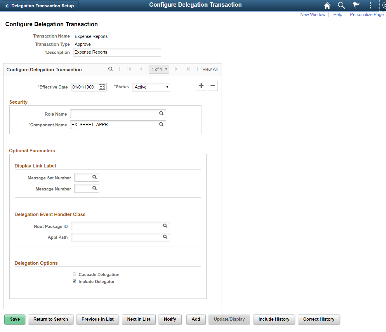 Configure Delegation Transaction page